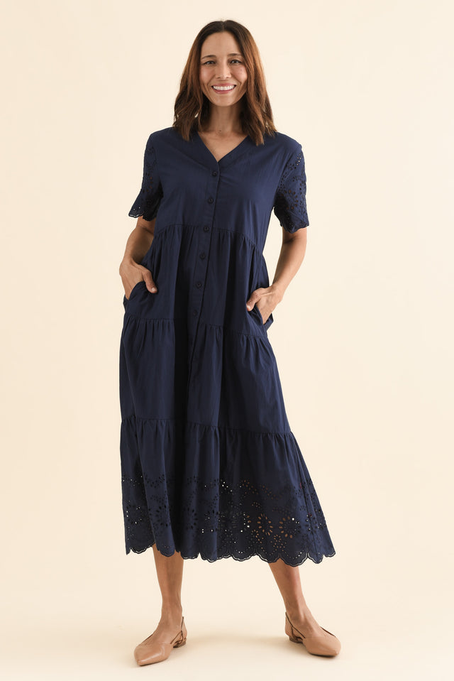 Lilith Navy Embroidered Cotton Dress,Front,Brunette model,alt text|model:Cara