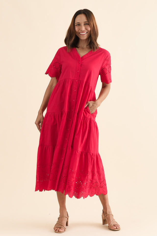 Lilith Red Embroidered Cotton Dress,Full Body,Brunette model,alt text|model:Cara image 3