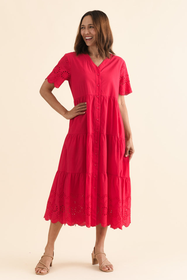 Lilith Red Embroidered Cotton Dress,Full Body,Brunette model,alt text|model:Cara image 7
