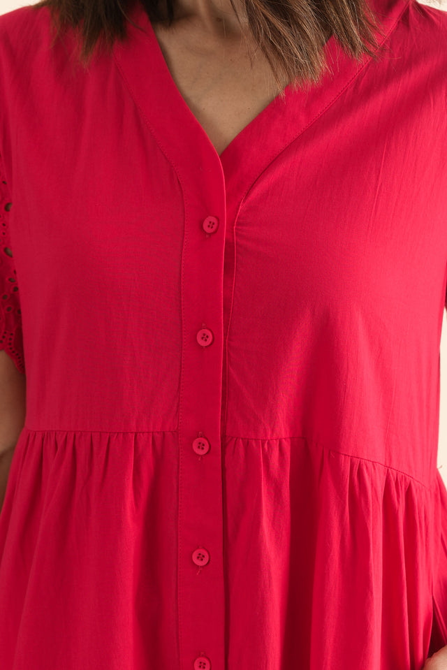 Lilith Red Embroidered Cotton Dress,Detail,Brunette model,alt text|model:Cara image 6