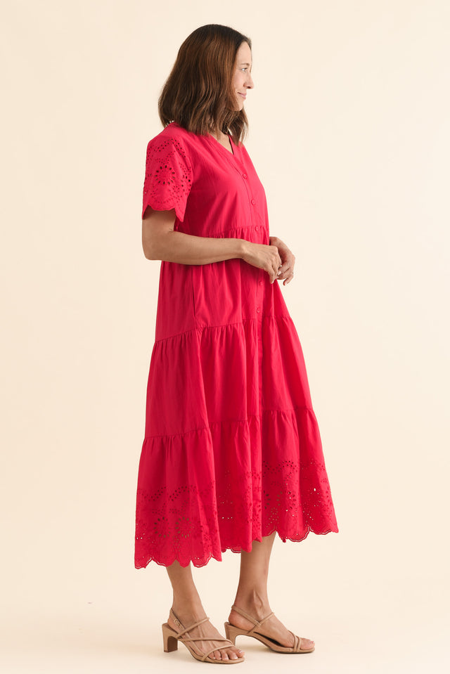 Lilith Red Embroidered Cotton Dress,Side,Brunette model,alt text|model:Cara image 4