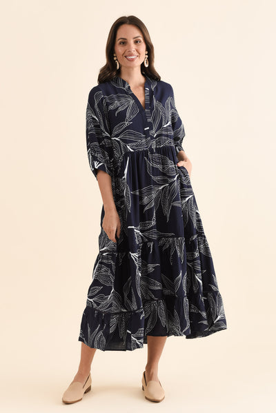 Lillian Navy Leaf Tier Dress