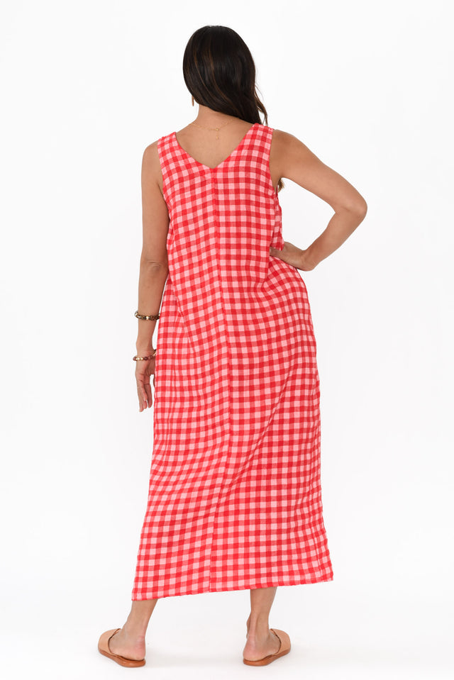 Lisa Red Check Linen Pocket Dress,Brunette model,alt text|model:Cara image 5