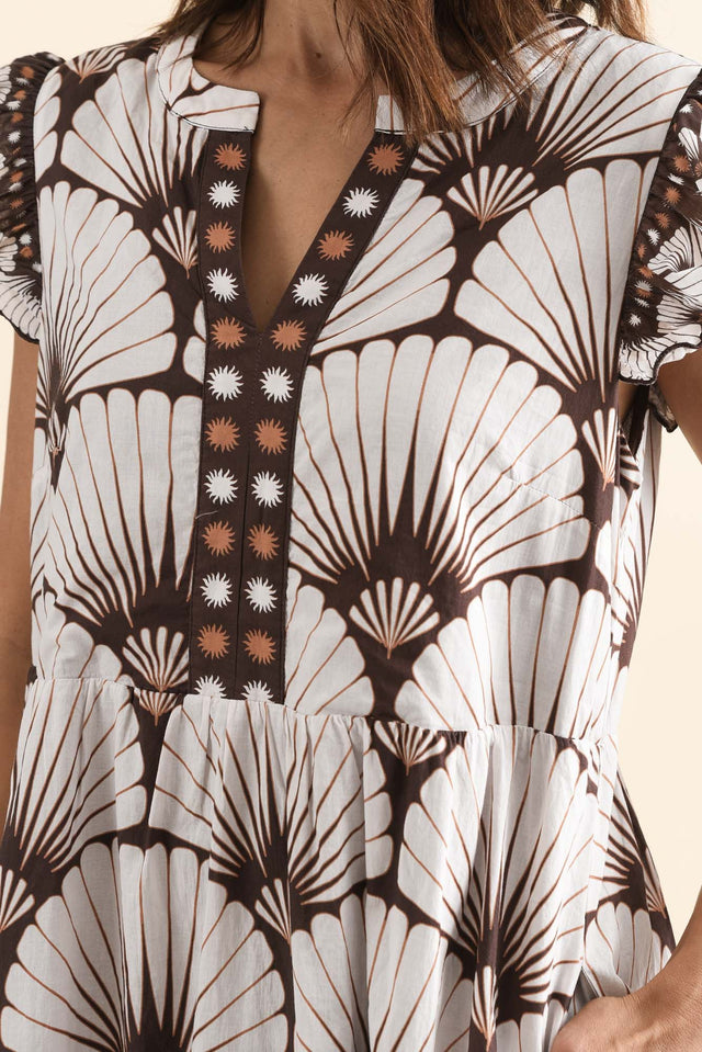 Livia Chocolate Abstract Flutter Sleeve Dress,Detail,Brunette model,alt text|model:Cara image 5