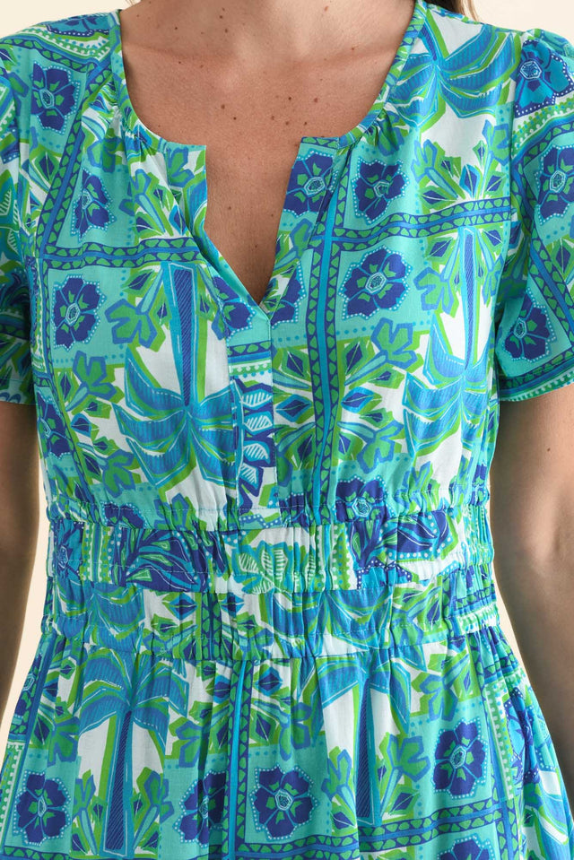 Lixon Aqua Tile Cotton Midi Dress,Detail,Brunette model,alt text|model:MJ image 5