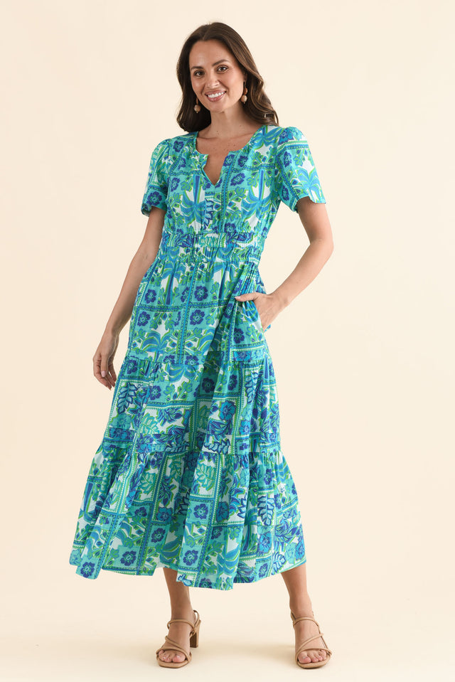 Lixon Aqua Tile Cotton Midi Dress,Full Body,Brunette model,alt text|model:MJ image 2