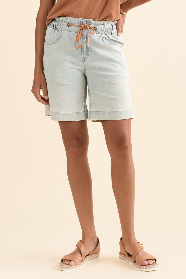 Lizzy Light Blue Denim Drawstring Shorts,Front,Brunette model,alt text|model:Brontie