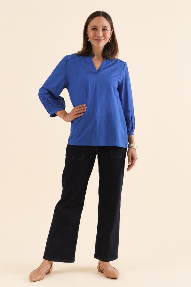 Loretta Cobalt Cotton Embroidered Blouse,Full Body,Brunette model,alt text|model:Cara image 6