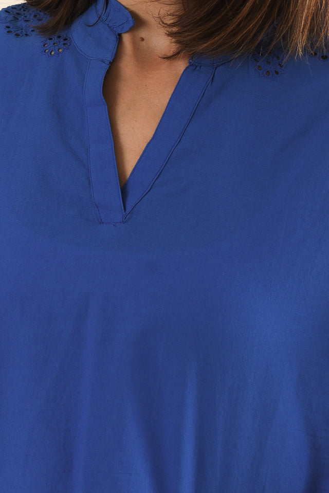 Loretta Cobalt Cotton Embroidered Blouse,Detail,Brunette model,alt text|model:Cara image 5