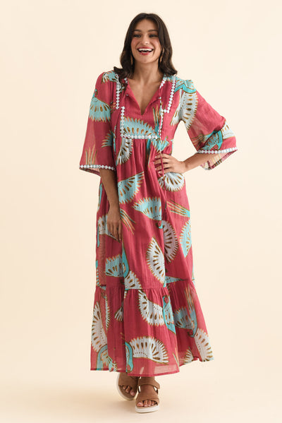 Lorrini Red Bird Cotton Tier Dress