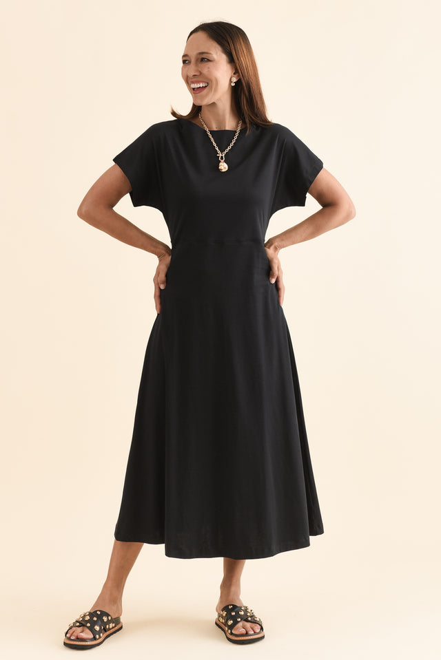 Lottie Black Cotton Boatneck Dress,Full Body,Brunette model,alt text|model:Cara image 2