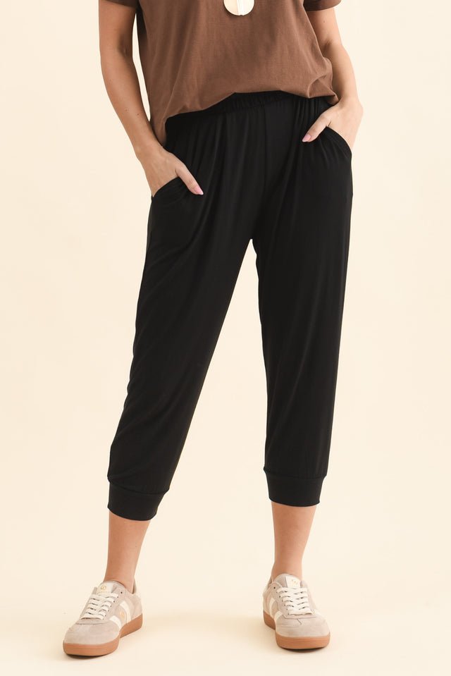 Louis Black Cropped Jogger Pants,Front,Brunette model,alt text|model:MJ