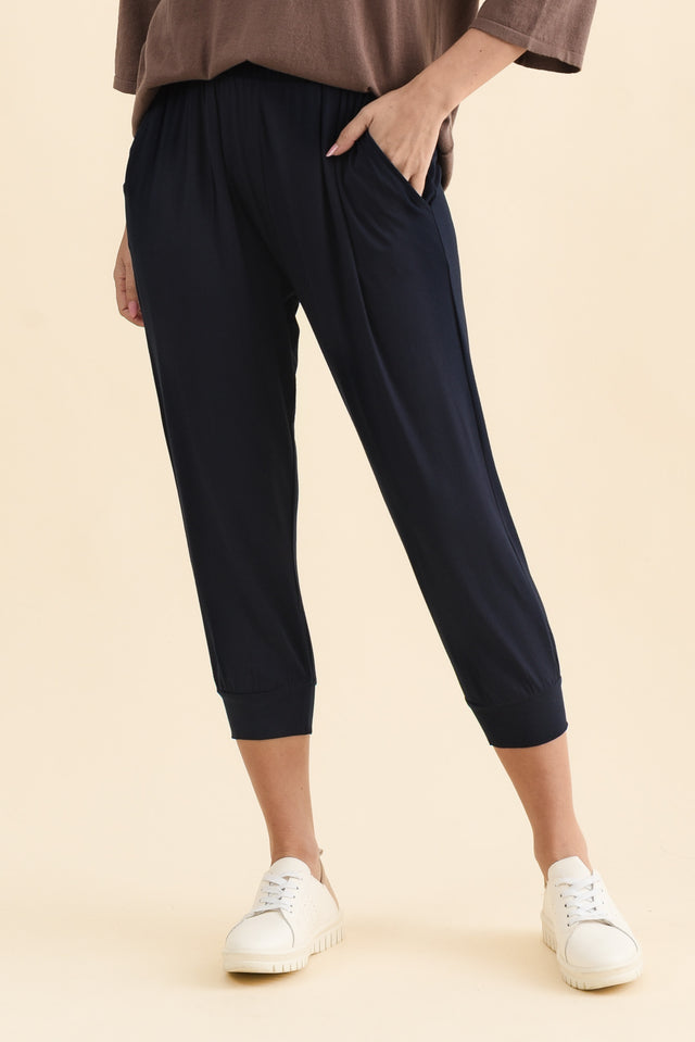 Louis Navy Cropped Jogger Pants,Front,Brunette model,alt text|model:MJ image 1