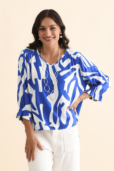Lourdes Blue Geo Frill Sleeve Top