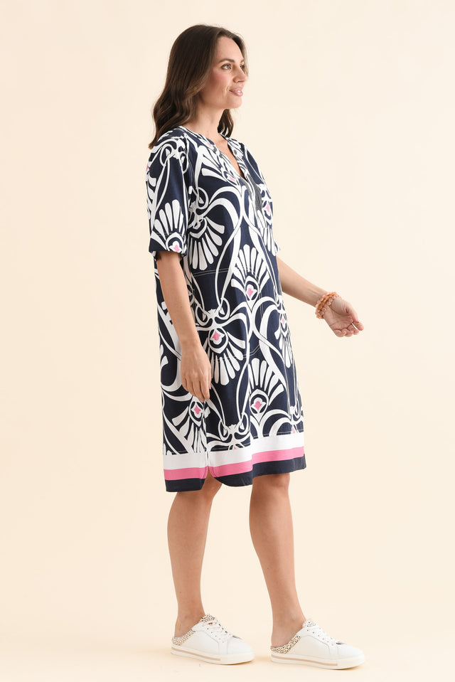 Lovella Navy Abstract V Neck Dress,Side,Brunette model,alt text|model:MJ image 3