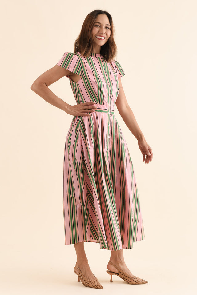 Luanne Green Stripe Cotton Button Dress,Side,Brunette model,alt text|model:Cara image 3