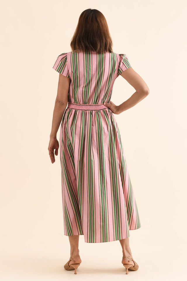 Luanne Green Stripe Cotton Button Dress,Back,Brunette model,alt text|model:Cara image 4
