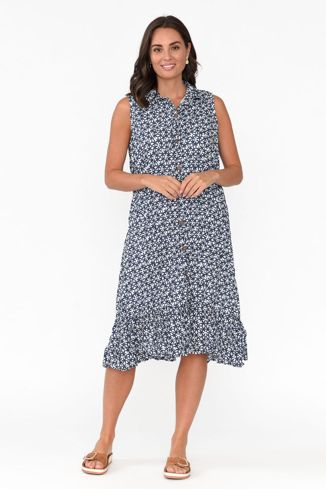 Luca Navy Flower Cotton Frill Hem Dress