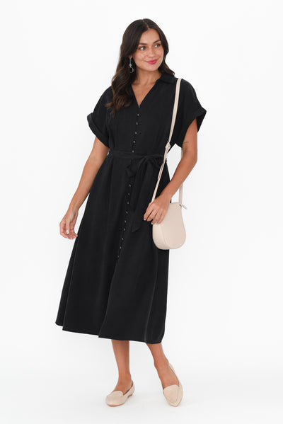 Lucia Black Linen Blend Belted Dress
