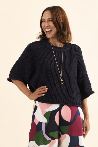 Luela Navy Half Sleeve Knit Jumper