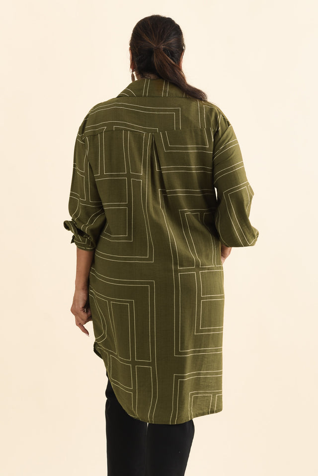 Luke Khaki Abstract Collared Tunic,Brunette model,alt text|model:Pilita image 11