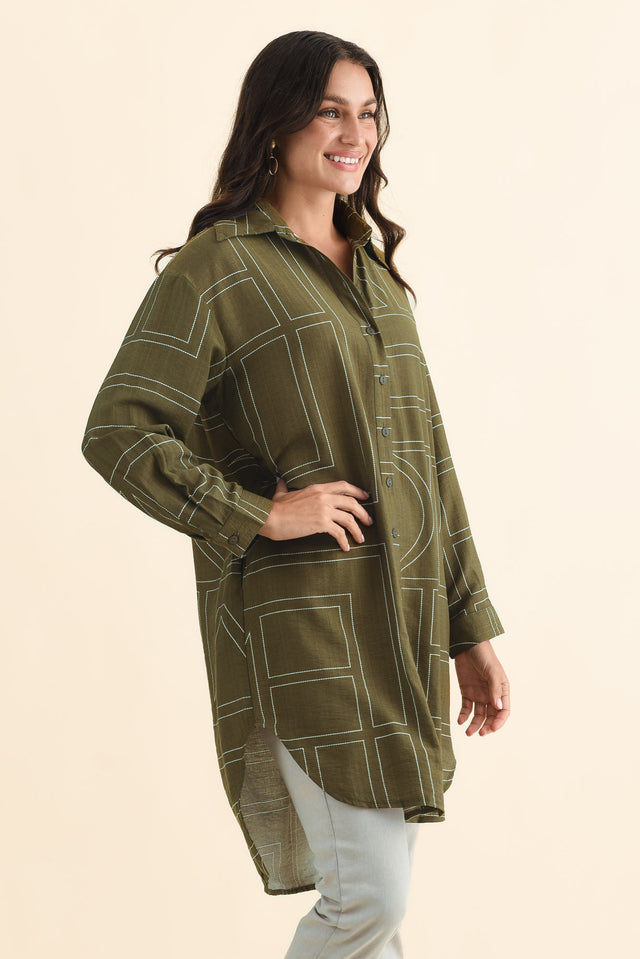 Luke Khaki Abstract Collared Tunic,Brunette model,alt text|model:Brontie image 4