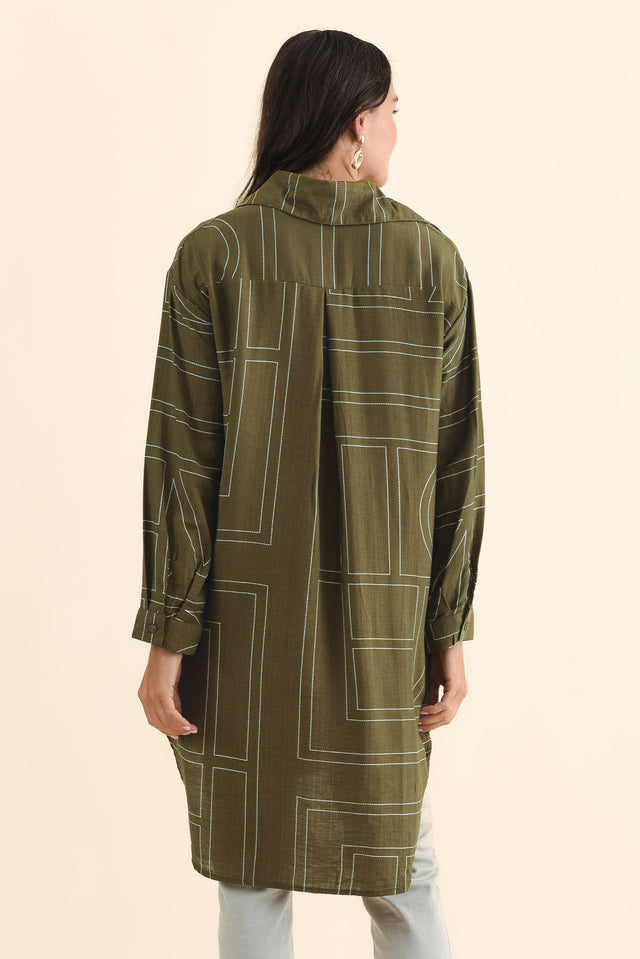 Luke Khaki Abstract Collared Tunic,Brunette model,alt text|model:Brontie image 5