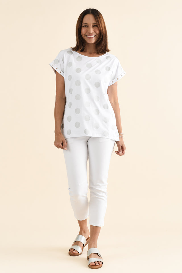 Lumi White Foil Spot Cotton Tee,brunette model,Full Outfit,alt text|model:Cara image 6