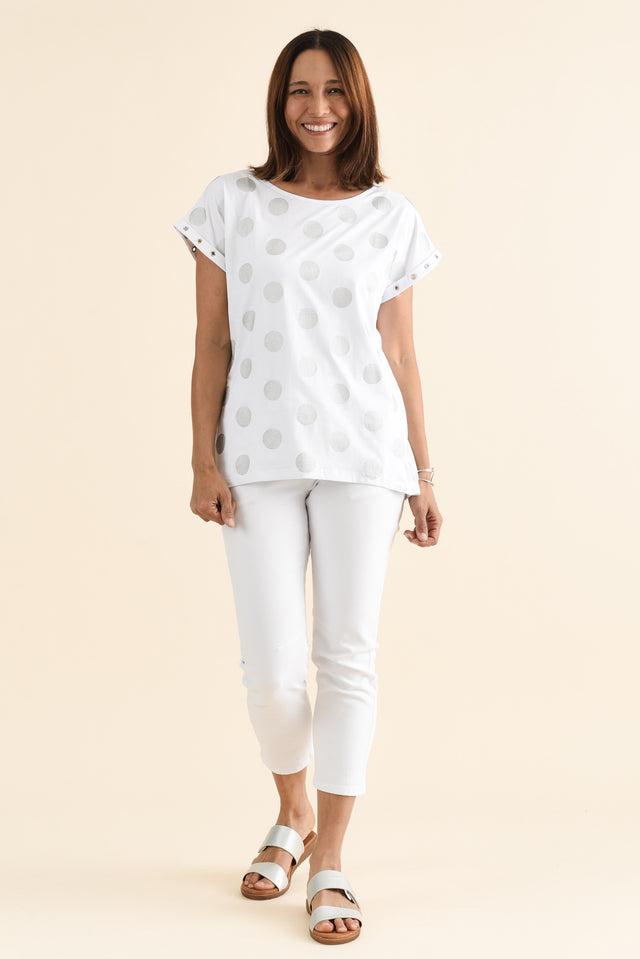 Lumi White Foil Spot Cotton Tee,Full Body,Brunette model,alt text|model:Cara image 3