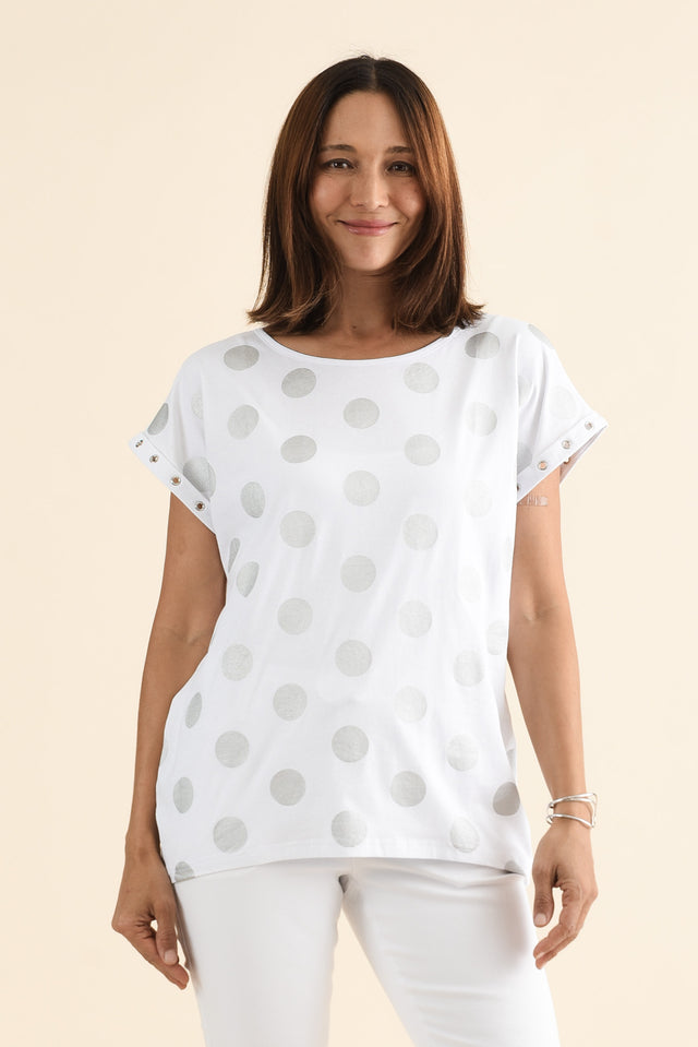 Lumi White Foil Spot Cotton Tee,brunette model,Front of Outfit,alt text|model:Cara