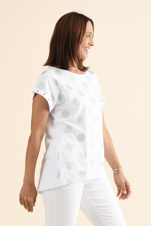 Lumi White Foil Spot Cotton Tee,Side,Brunette model,alt text|model:Cara image 4