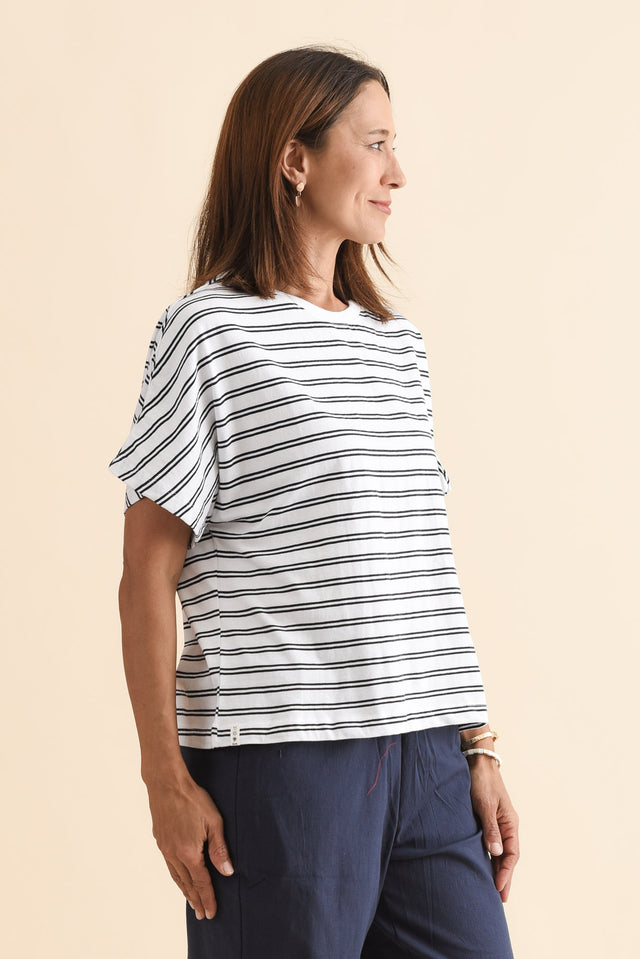 Luna Navy Stripe Cotton Tee,Side,Brunette model,alt text|model:Cara image 3