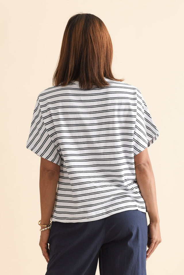 Luna Navy Stripe Cotton Tee,Back,Brunette model,alt text|model:Cara image 4