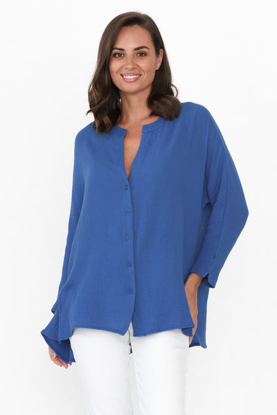 Lurline Cobalt Cotton Shirt neckline_V Neck  alt text|model:MJ;wearing:S