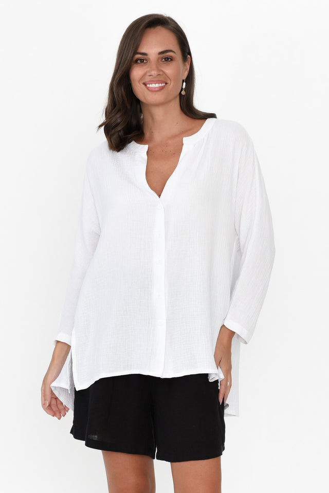 Lurline White Cotton Shirt neckline_V Neck  alt text|model:MJ;wearing:S