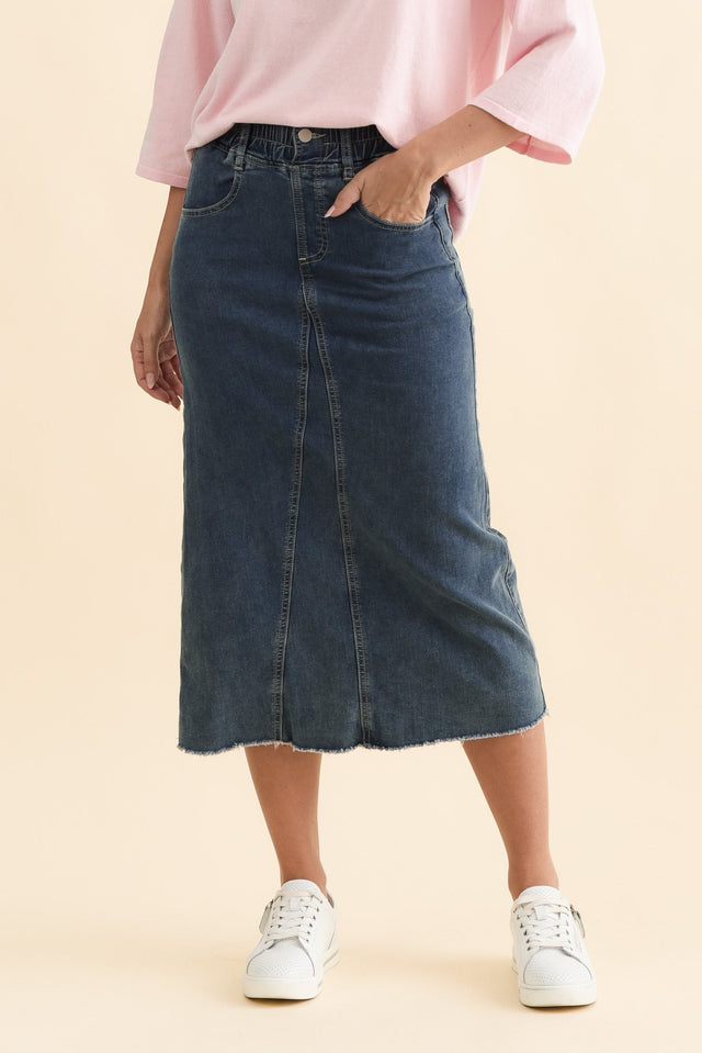 Lusia Dark Blue Denim Tie Skirt,Brunette model,alt text|model:MJ image 2