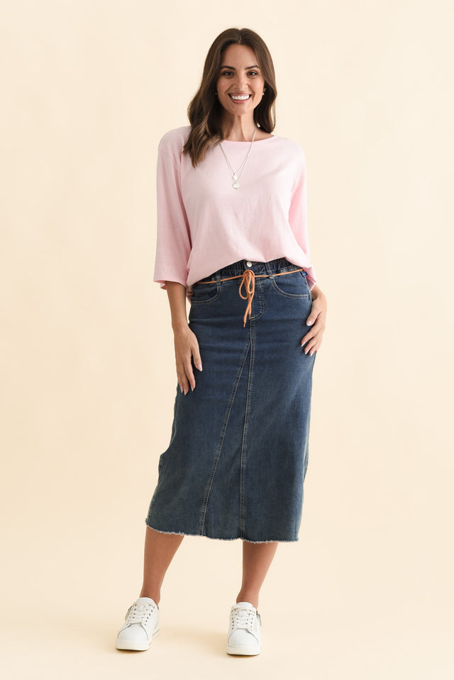 Lusia Dark Blue Denim Tie Skirt,Brunette model,alt text|model:MJ image 9