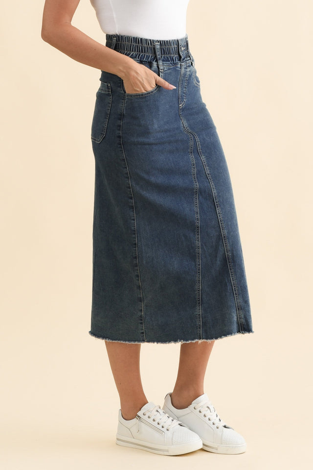 Lusia Dark Blue Denim Tie Skirt,Brunette model,alt text|model:MJ image 5