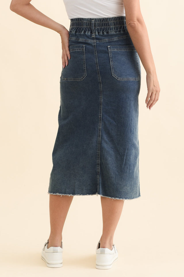 Lusia Dark Blue Denim Tie Skirt,Brunette model,alt text|model:MJ image 6