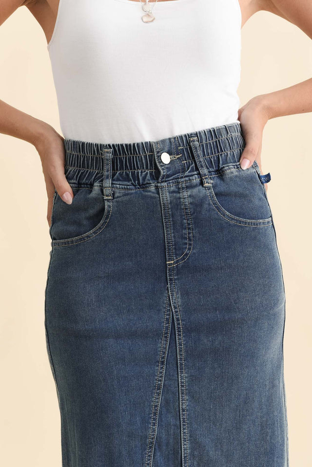 Lusia Dark Blue Denim Tie Skirt,Brunette model,alt text|model:MJ image 7