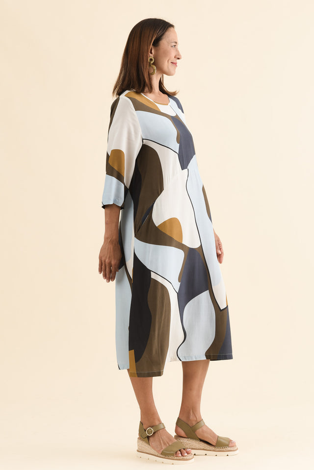 Lydia Navy Abstract Crescent Pocket Dress,Side,Brunette model,alt text|model:Cara image 3
