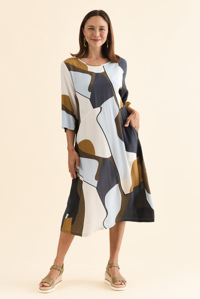 Lydia Navy Abstract Crescent Pocket Dress,Front,Brunette model,alt text|model:Cara