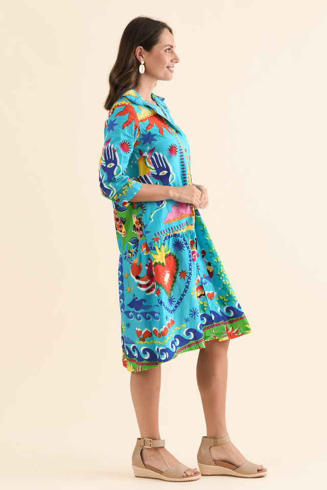 Lynwood Blue Mosaic Cotton Tie Dress,Side,Brunette model,alt text|model:MJ image 3