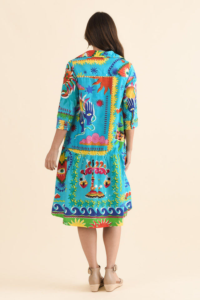 Lynwood Blue Mosaic Cotton Tie Dress,Back,Brunette model,alt text|model:MJ image 4