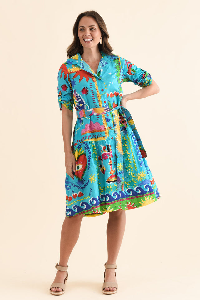 Lynwood Blue Mosaic Cotton Tie Dress,Full Body,Brunette model,alt text|model:MJ image 2