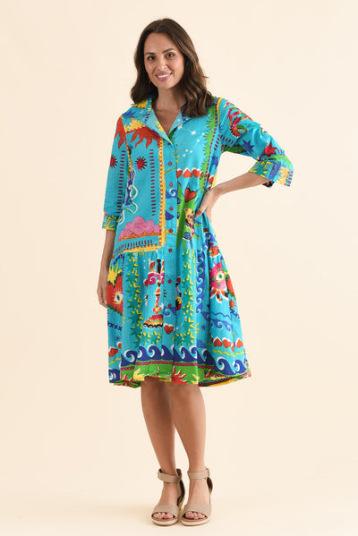 Lynwood Blue Mosaic Cotton Tie Dress