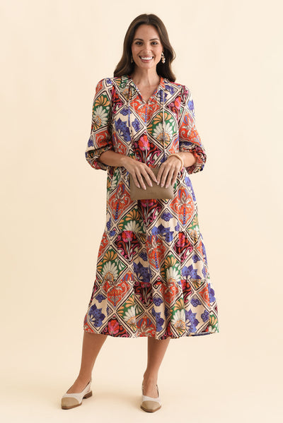Lyon Orange Tile Sleeved Dress