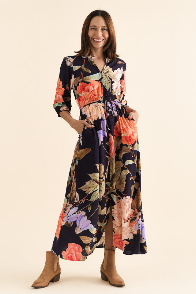 Lyria Navy Floral Tie Dress,brunette model,Front of Outfit,alt text|model:Cara image 1