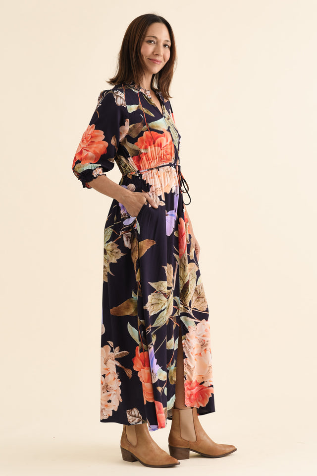 Lyria Navy Floral Tie Dress,brunette model,Side of Outfit,alt text|model:Cara image 3