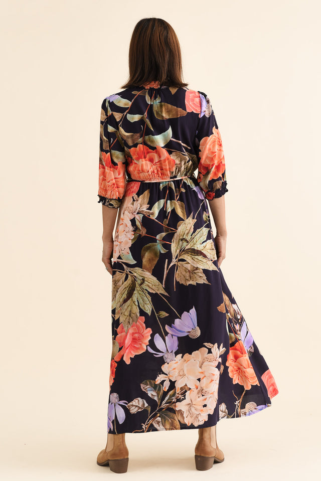 Lyria Navy Floral Tie Dress,brunette model,Back of Outfit,alt text|model:Cara image 4